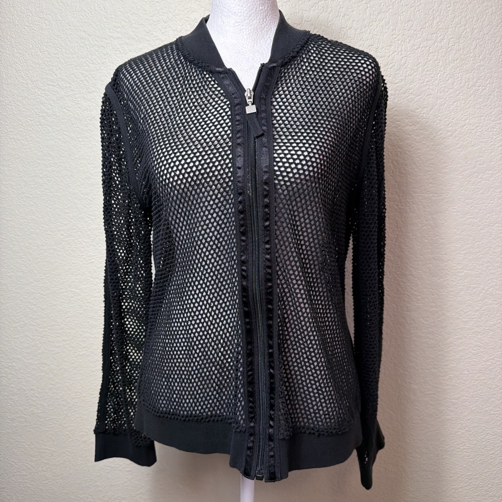 Blast Blues Petites S Black Mesh Knit Bomber Jacket Full Zip Open Knit Cotton